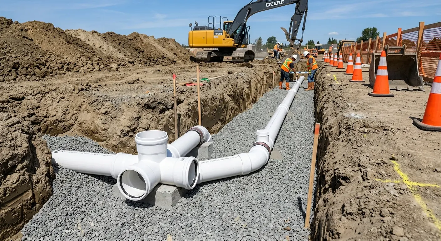 New PVC sewer pipe installation in open trench for Sewer Backup in Washington